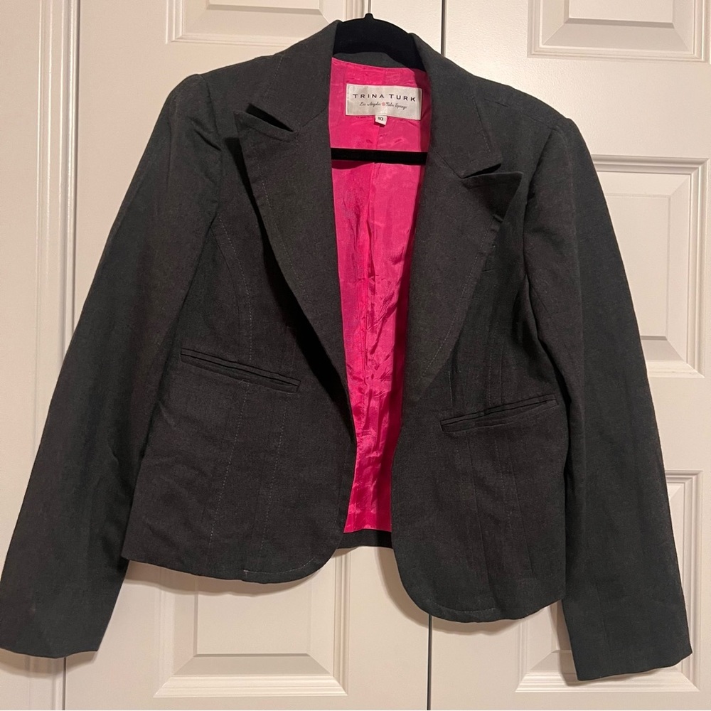 Trina Turk Women's Dark Gray Blazer with Pink Lining